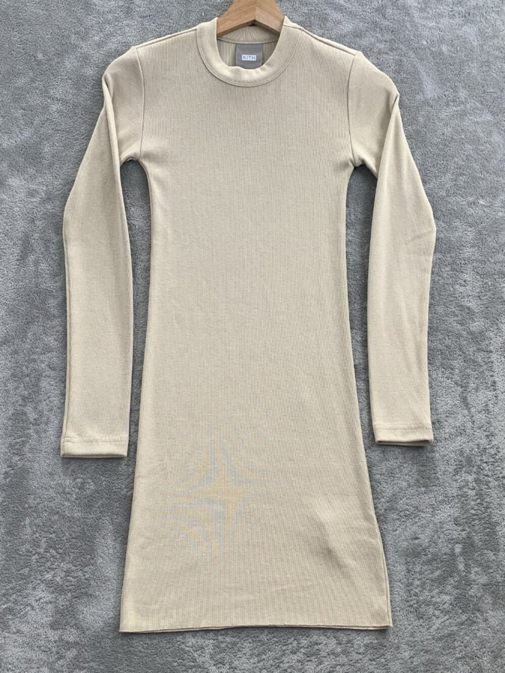 Kith Mini Dress Womens XS Beige Knit Ribbed Long Sleeve Minimalist Casual Logo